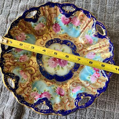 Antique Japanese Porcelain Chrysanthemum Gold Moriage Cobalt Blue Bowl 10" Inches