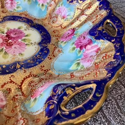 Antique Japanese Porcelain Chrysanthemum Gold Moriage Cobalt Blue Bowl 10" Inches