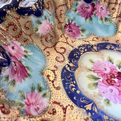 Antique Japanese Porcelain Chrysanthemum Gold Moriage Cobalt Blue Bowl 10" Inches