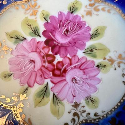 Antique Japanese Porcelain Chrysanthemum Gold Moriage Cobalt Blue Bowl 10" Inches