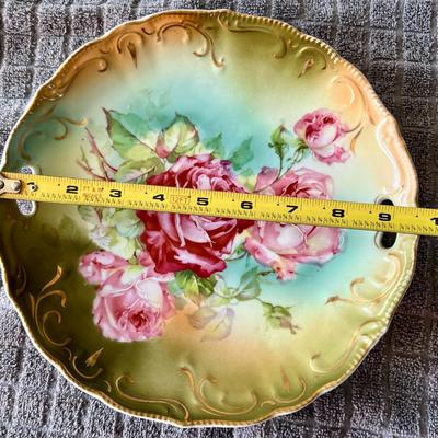 Vintage German Gold Gilt Pink Roses Decorative Porcelain Dish 9.5" Inches