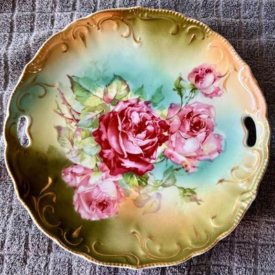 Vintage German Gold Gilt Pink Roses Decorative Porcelain Dish 9.5" Inches