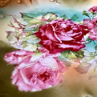 Vintage German Gold Gilt Pink Roses Decorative Porcelain Dish 9.5" Inches
