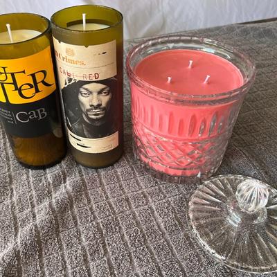 Lot of Homemade Candles 3 Wick Cut Glass Jar and 2 One Wick Repurposed Wine Bottles Snoop Dogg and Butter