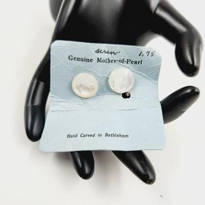 VINTAGE HANDCARVED IN BETHLEHEM MOTHER OF PEARL EARRINGS
