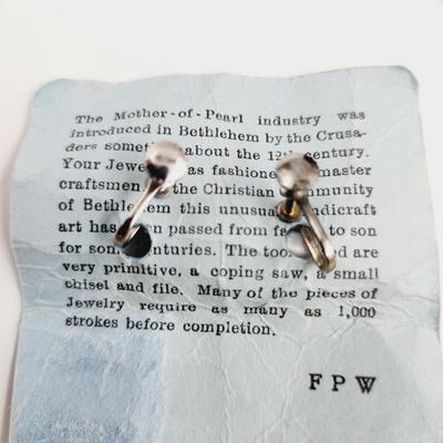 VINTAGE HANDCARVED IN BETHLEHEM MOTHER OF PEARL EARRINGS