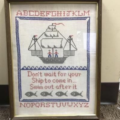 Vintage framed cross Stitch with sail boat