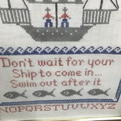 Vintage framed cross Stitch with sail boat