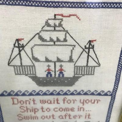 Vintage framed cross Stitch with sail boat