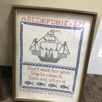 Vintage framed cross Stitch with sail boat