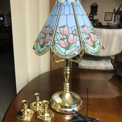 Lamp and 3 brass candle holders