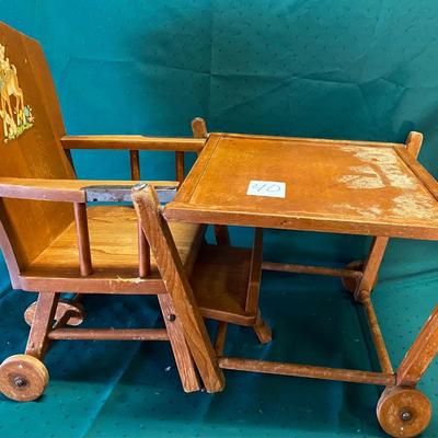 Vintage Wood Folding Highchair/Desk on Wheels