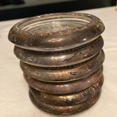 Set of 6, Vintage silver plated & glass coasters #S100