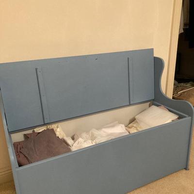 Blue painted vintage bench with storage, all wood