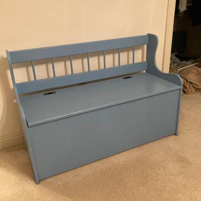 Blue painted vintage bench with storage, all wood
