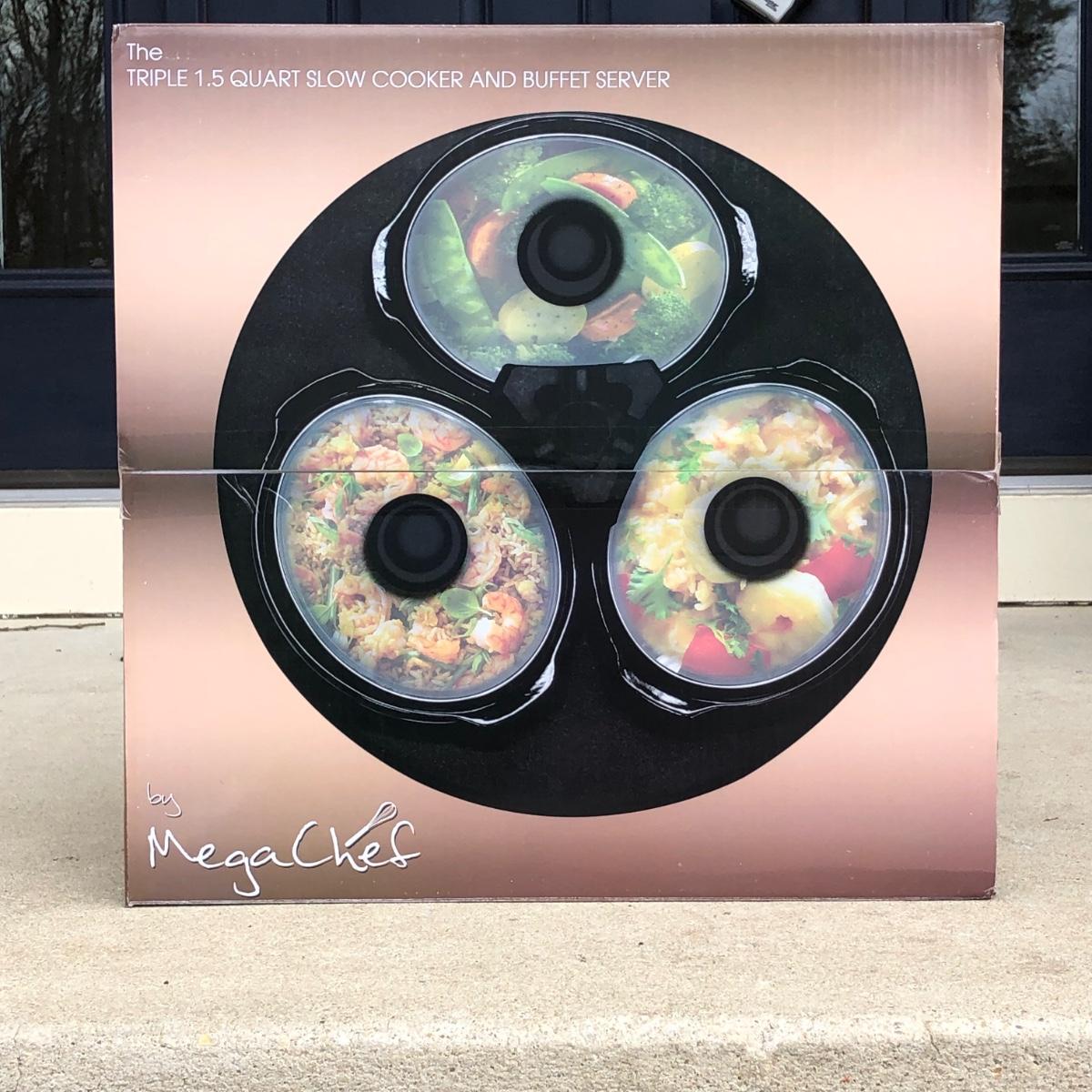 LOT150M New In Box MegaChef Triple 1.5 Quart Slow Cooker & Buffet