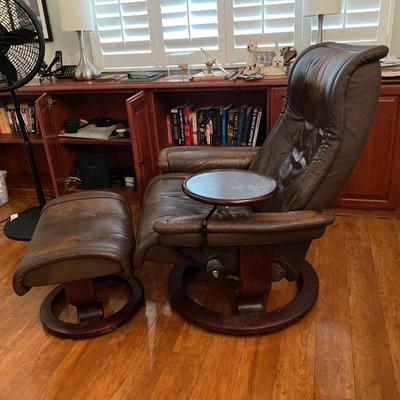 Ekornes Stressless Recliner Cushioned Chair with Small Attached Side Table and Footrest Ottoman