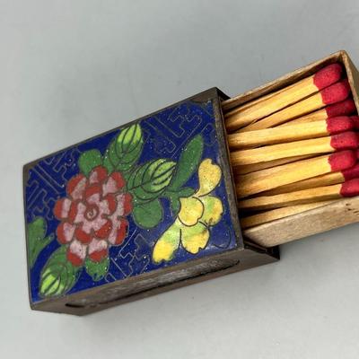Vintage Floral Cloisonne Top Matchbox Matchstick Holder
