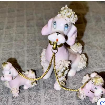 Vintage 1950's Spaghetti Ceramic Pink Poodle with Pups on a Chain Made in Korea
