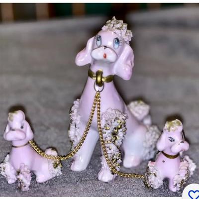 Vintage 1950's Spaghetti Ceramic Pink Poodle with Pups on a Chain Made in Korea