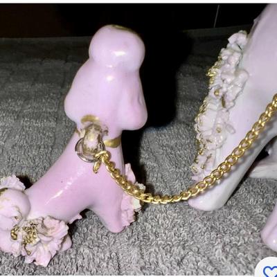 Vintage 1950's Spaghetti Ceramic Pink Poodle with Pups on a Chain Made in Korea
