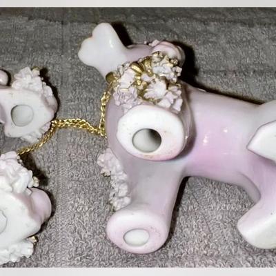 Vintage 1950's Spaghetti Ceramic Pink Poodle with Pups on a Chain Made in Korea