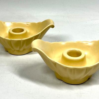 Vintage Ceramic Pale Peachy Yellow Satin Finish Taper Candlestick Holders
