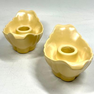 Vintage Ceramic Pale Peachy Yellow Satin Finish Taper Candlestick Holders
