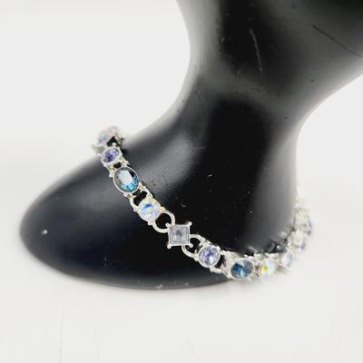 SILVER TONED COLORED GLASS TENNIS BRACELET