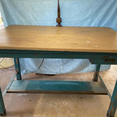 Large vintage drafting/work table with industrial light