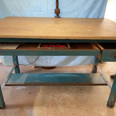 Large vintage drafting/work table with industrial light