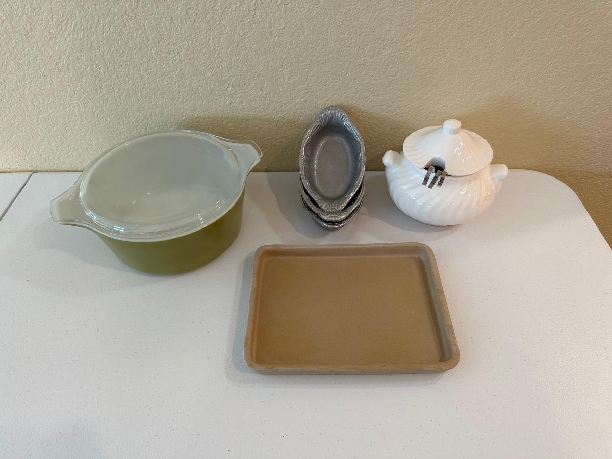 PYREX CASSEROLE DISH, 3 PEWTER QUICHE, AND MORE