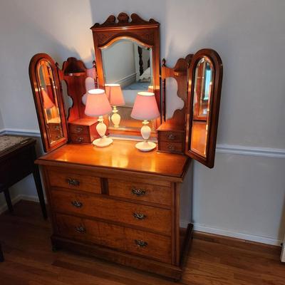 Antique Tri Mirrored Vanity Chest of Drawers