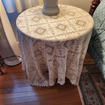 Glass top Table with lace Cover 24x24