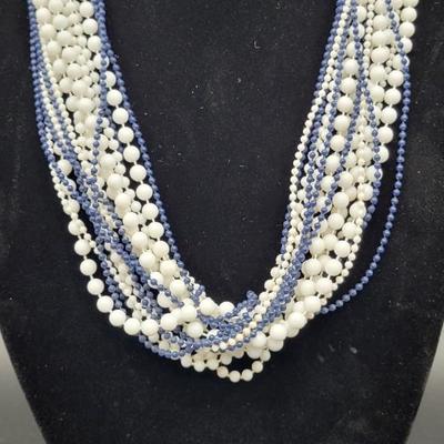 White and Blue Bead Strand Necklace