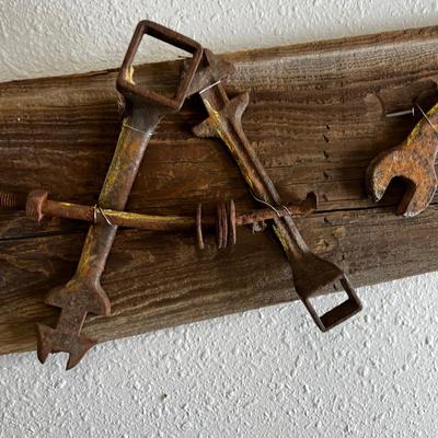 Antique Sign with Rusty Tool and Horse Shoe Lettering of 