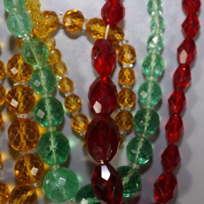 VINTAGE GLASS FACET CUT BEAD NECKLACES IN RED, GREEN AND AMBER COLORS