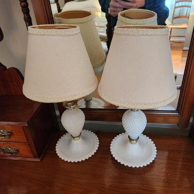 Pair Hobnail Milk Glass Table Lamps