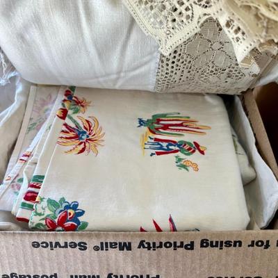 Lot of 2 Boxes of Miscellaneous Vintage Tablecloths, Table Runners and Napkins