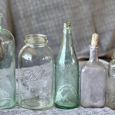 Lot of Assorted Antique Vintage Bottles and Jars Ball Pluto Water Golden West Peanut Butter