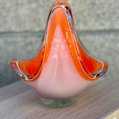 Vintage Flygsfors Coquille Vase Orange White and Clear Hand Blown Glass by Paul Kedelv 1961