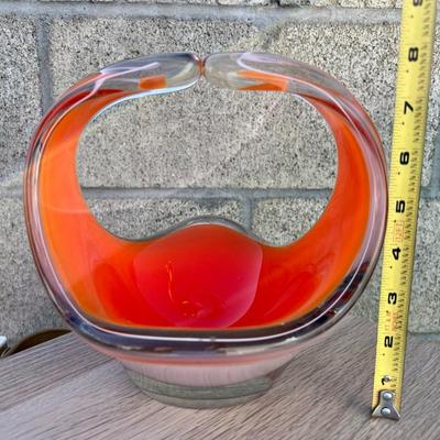 Vintage Flygsfors Coquille Vase Orange White and Clear Hand Blown Glass by Paul Kedelv 1961