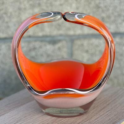 Vintage Flygsfors Coquille Vase Orange White and Clear Hand Blown Glass by Paul Kedelv 1961