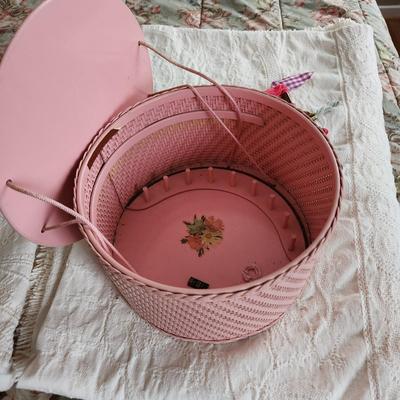 Vintage Pink Wicker Sewing Basket