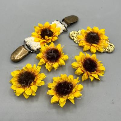 Faux Artificial Sunflower Button Covers Stretch Clip and Pin