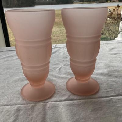 2 vintage frosted rose colored parfait glasses