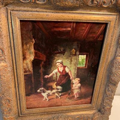 Framed Oil On Board Woman Dog & Child