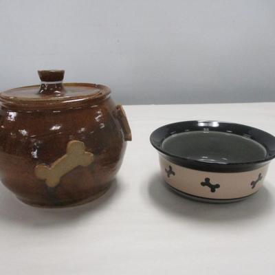 Handmade Pottery Dog Treat Jug/Crock & Bowl
