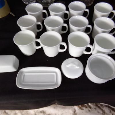 CORNING WARE CUPS, BUTTER DISH AND SUGAR BOWL.