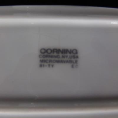 CORNING WARE CUPS, BUTTER DISH AND SUGAR BOWL.